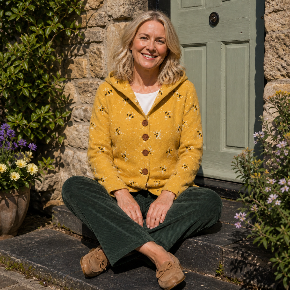 SUSAN | HONEYBEE PRINT HOODED KNIT CARDIGAN