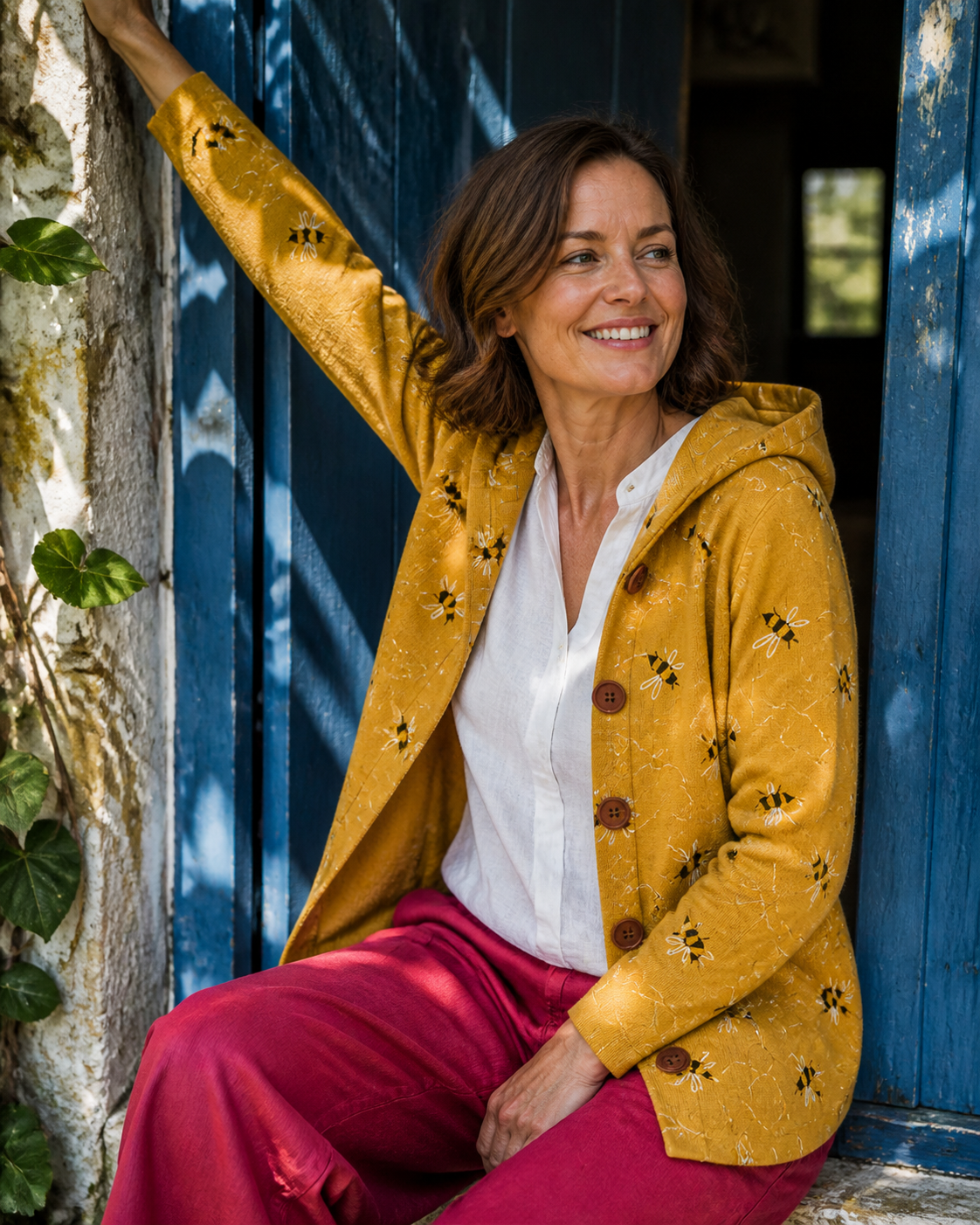 SUSAN | HONEYBEE PRINT HOODED KNIT CARDIGAN