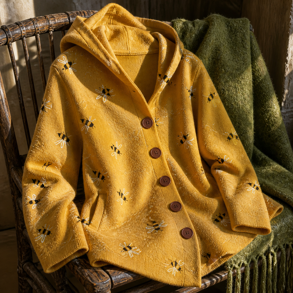 SUSAN | HONEYBEE PRINT HOODED KNIT CARDIGAN