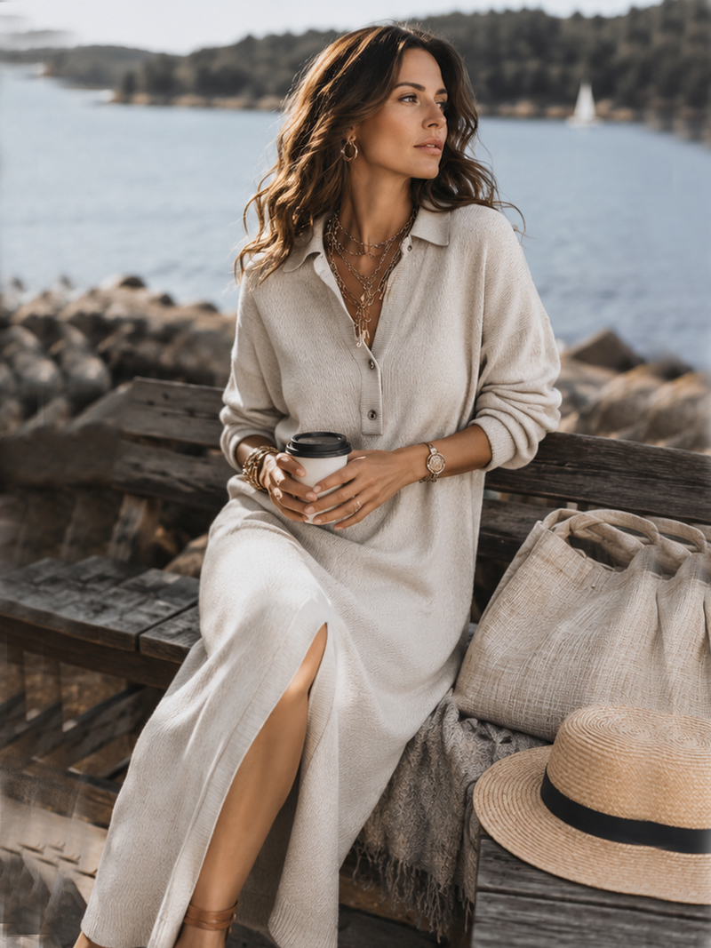 CLARA | SOFT COLLARED LONG SLEEVE MIDI DRESS