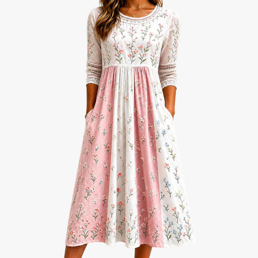 ROSALIE | BLUSH MEADOW PATCHWORK POCKET MIDI DRESS