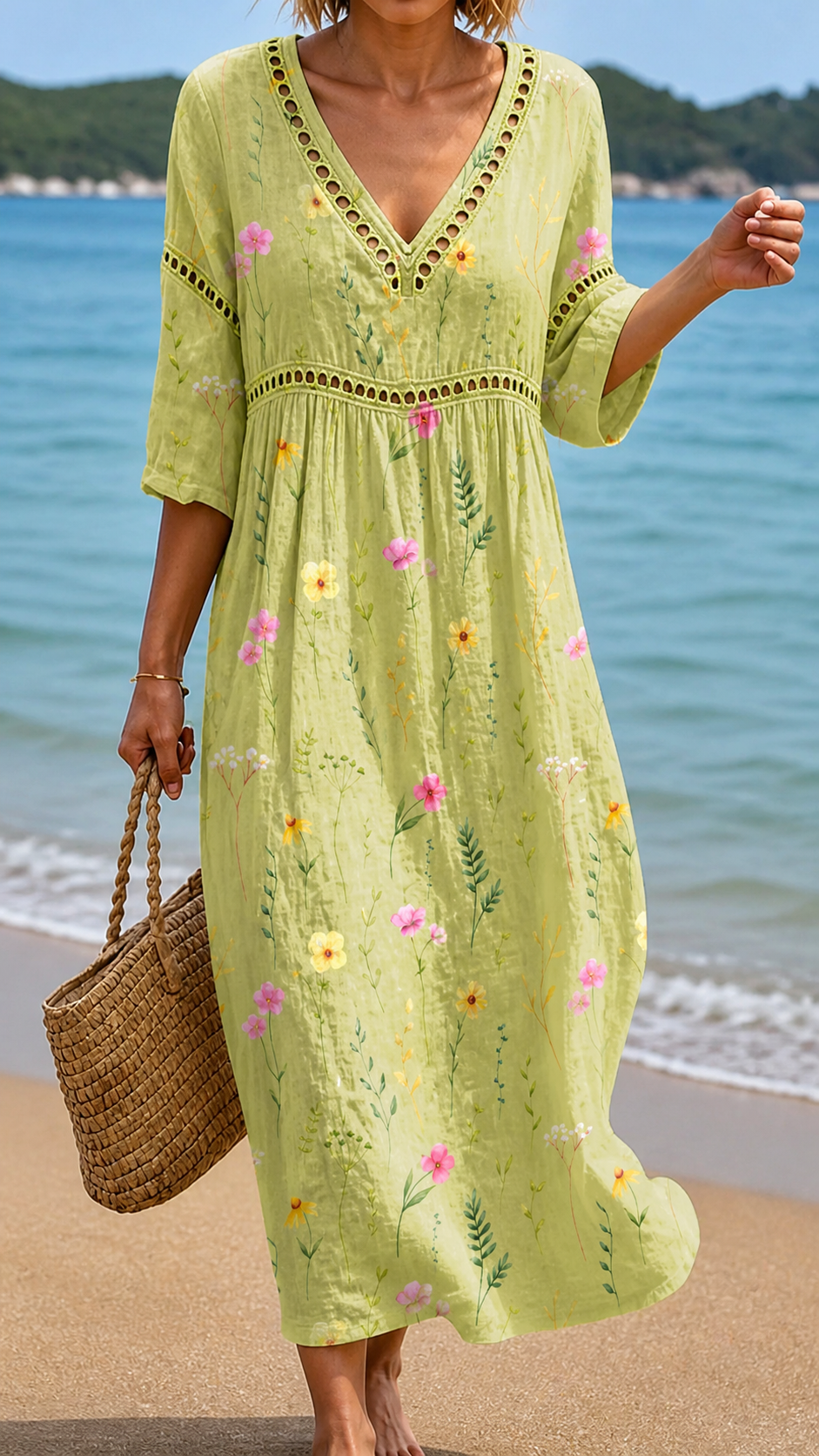 ELSIE | LIGHT GREEN MIDI DRESS WITH DELICATE FLOWERS