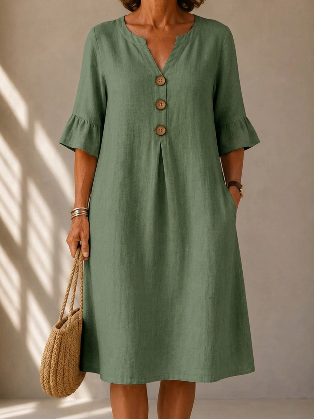 CLARA | RELAXED BUTTON DETAIL MIDI DRESS