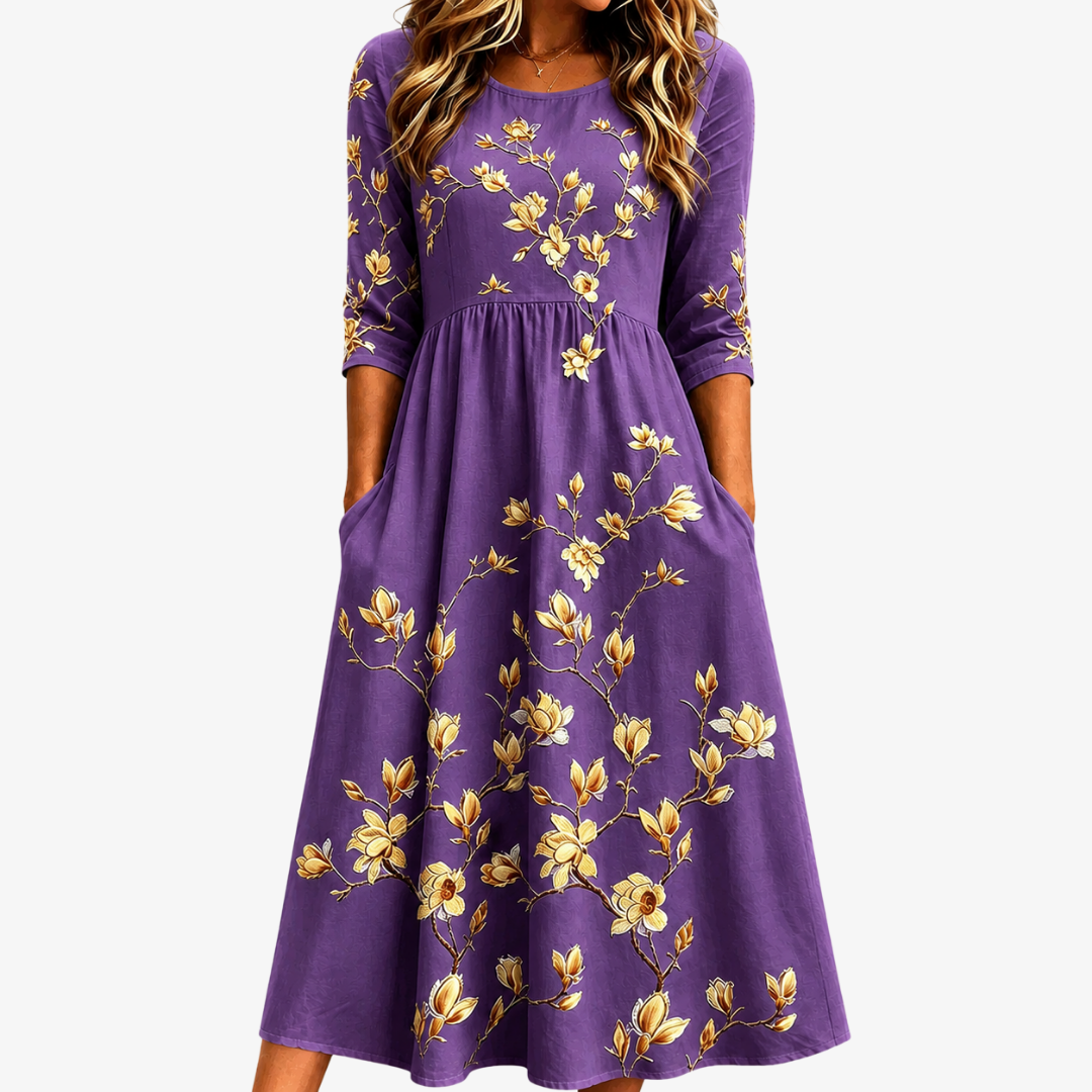 EVELYN | GOLDEN MAGNOLIA CHARM POCKET MIDI DRESS