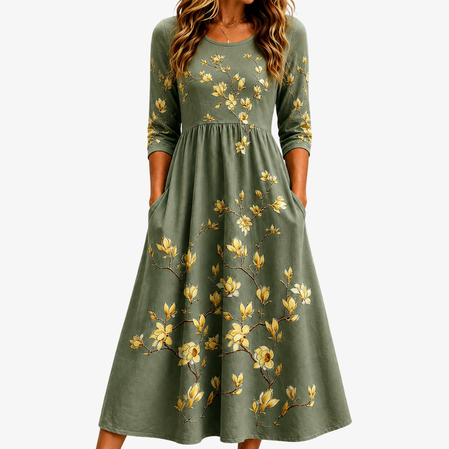 SOPHIA | SAGE BLOSSOM GRACE POCKET MIDI DRESS