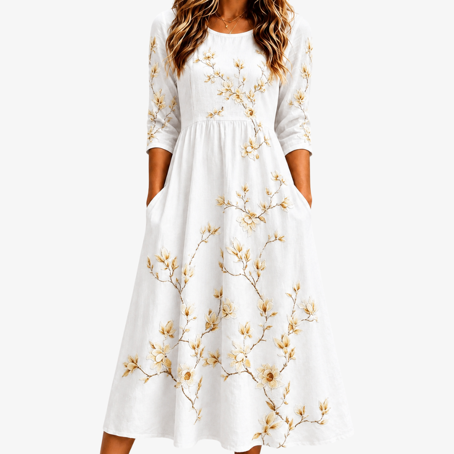 VIVIENNE | IVORY BLOSSOM GRACE POCKET MIDI DRESS
