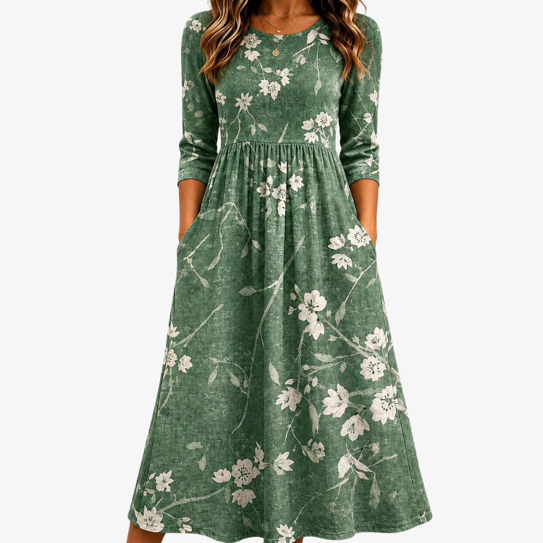 FLORA | EVERGREEN BLOOM RELAXED POCKET MIDI DRESS