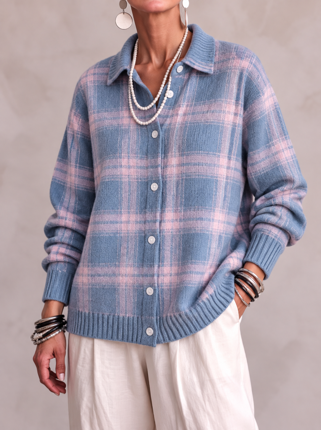 EVELYN | CHECKED BUTTON KNIT CARDIGAN