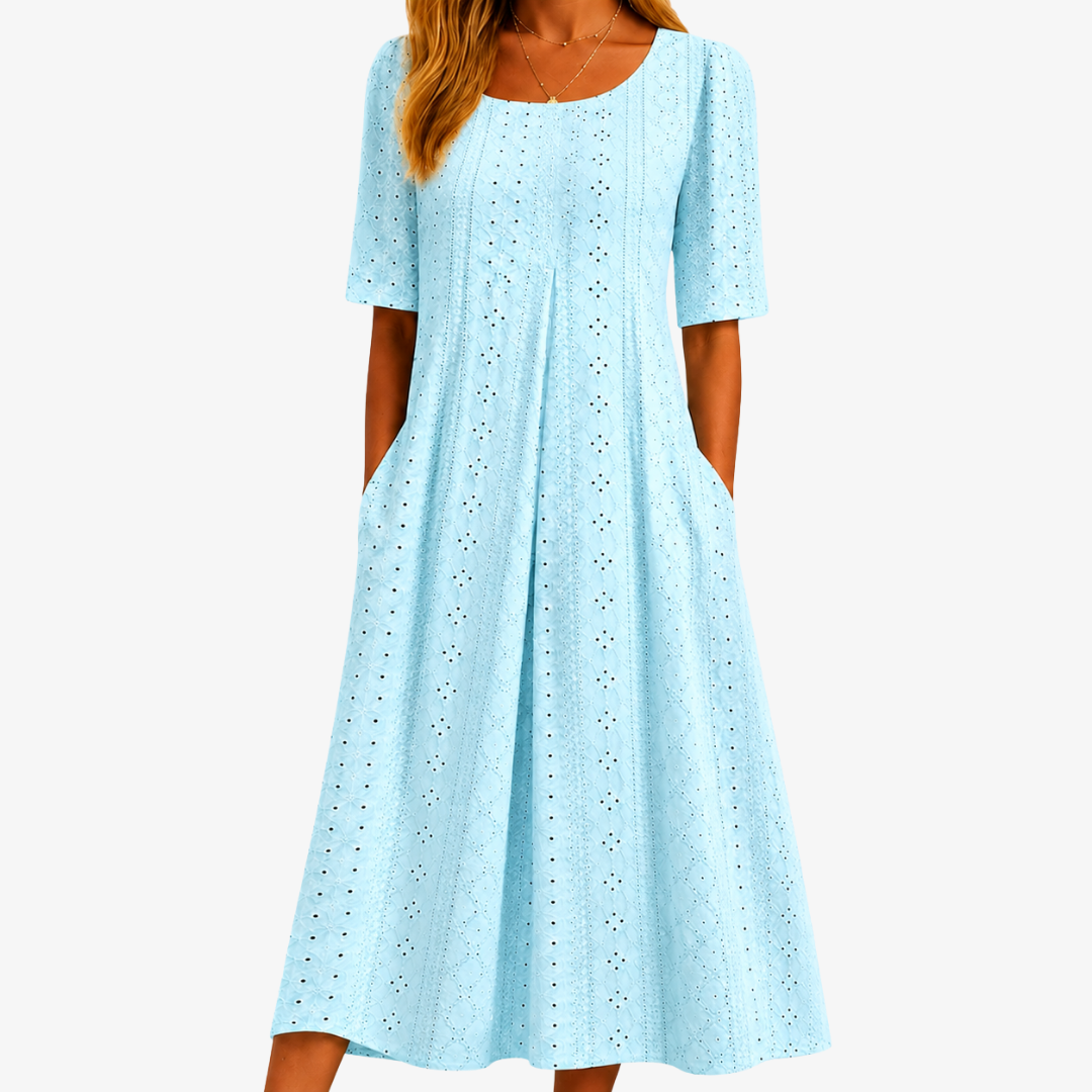 ELEANOR | SKYLIGHT GRACE EYELET POCKET MIDI DRESS
