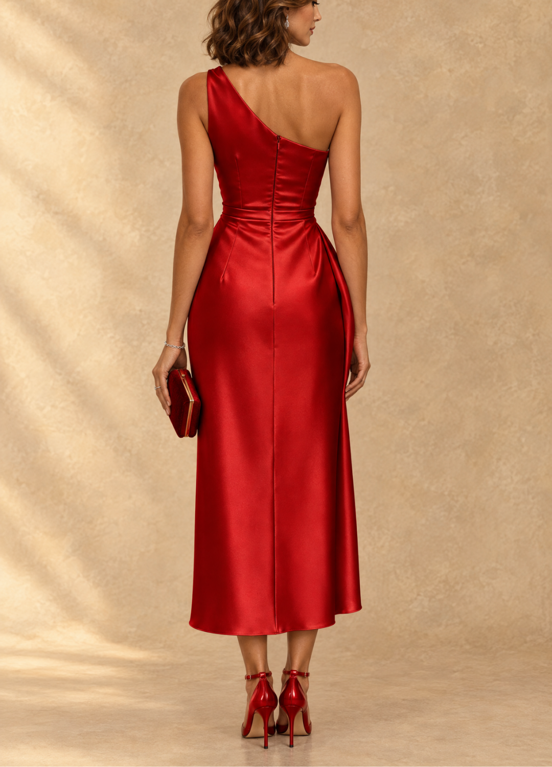 CELESTE | ELEGANT ONE-SHOULDER SATIN MIDI DRESS