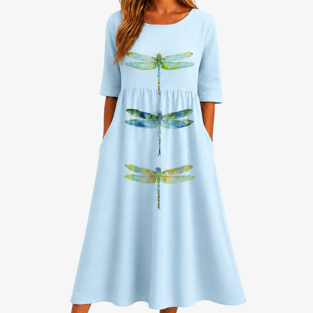 CHARLOTTE | SKY MEADOW DRAGONFLY POCKET MIDI DRESS
