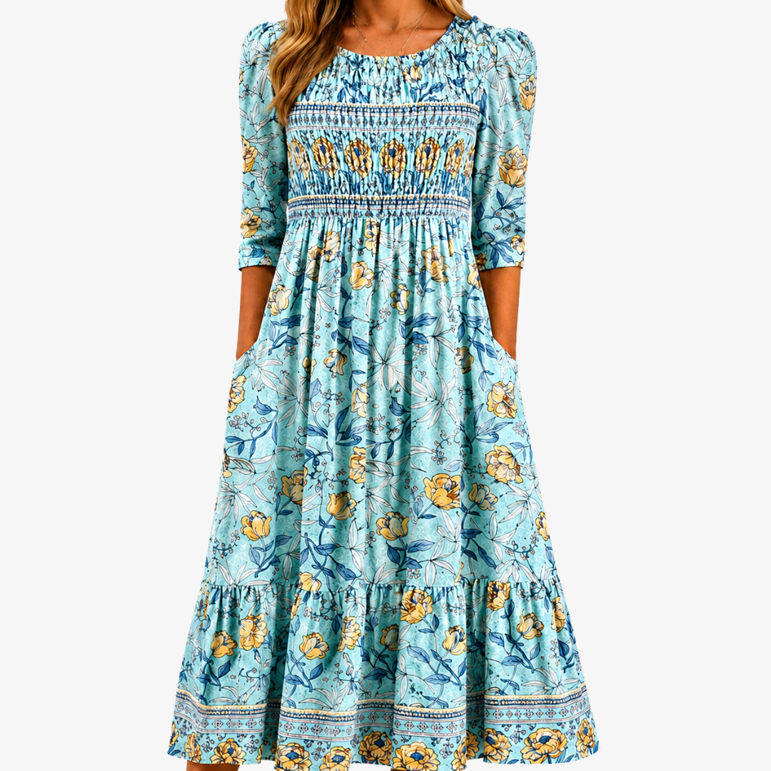FLORENCE | GOLDEN BLOOM SMOCKED GARDEN MIDI DRESS