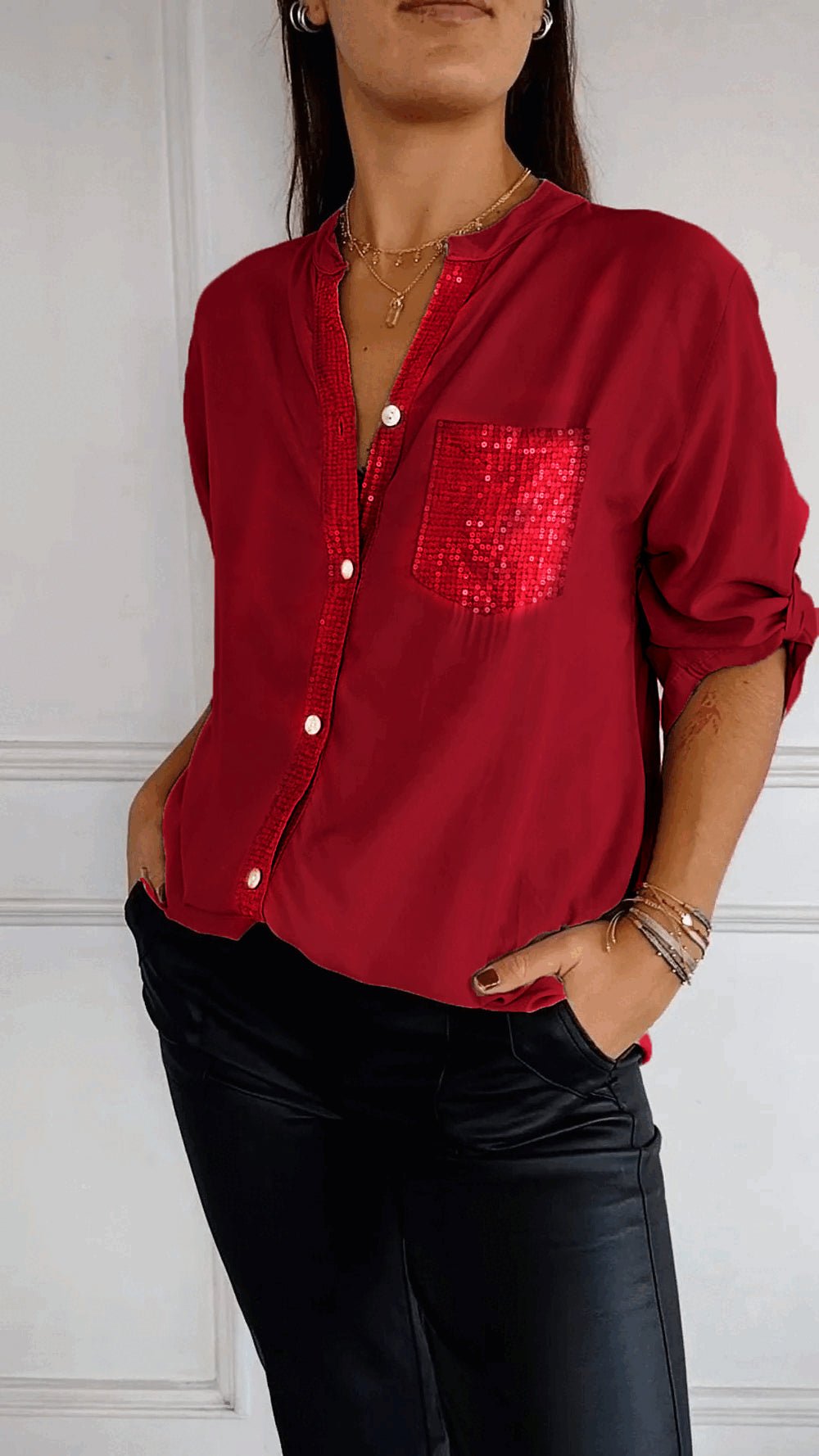 VERITY | SEQUIN TRIM BUTTON-UP SHIRT
