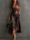 FRANCESCA | BROWN ABSTRACT PRINT MIDI WRAP DRESS