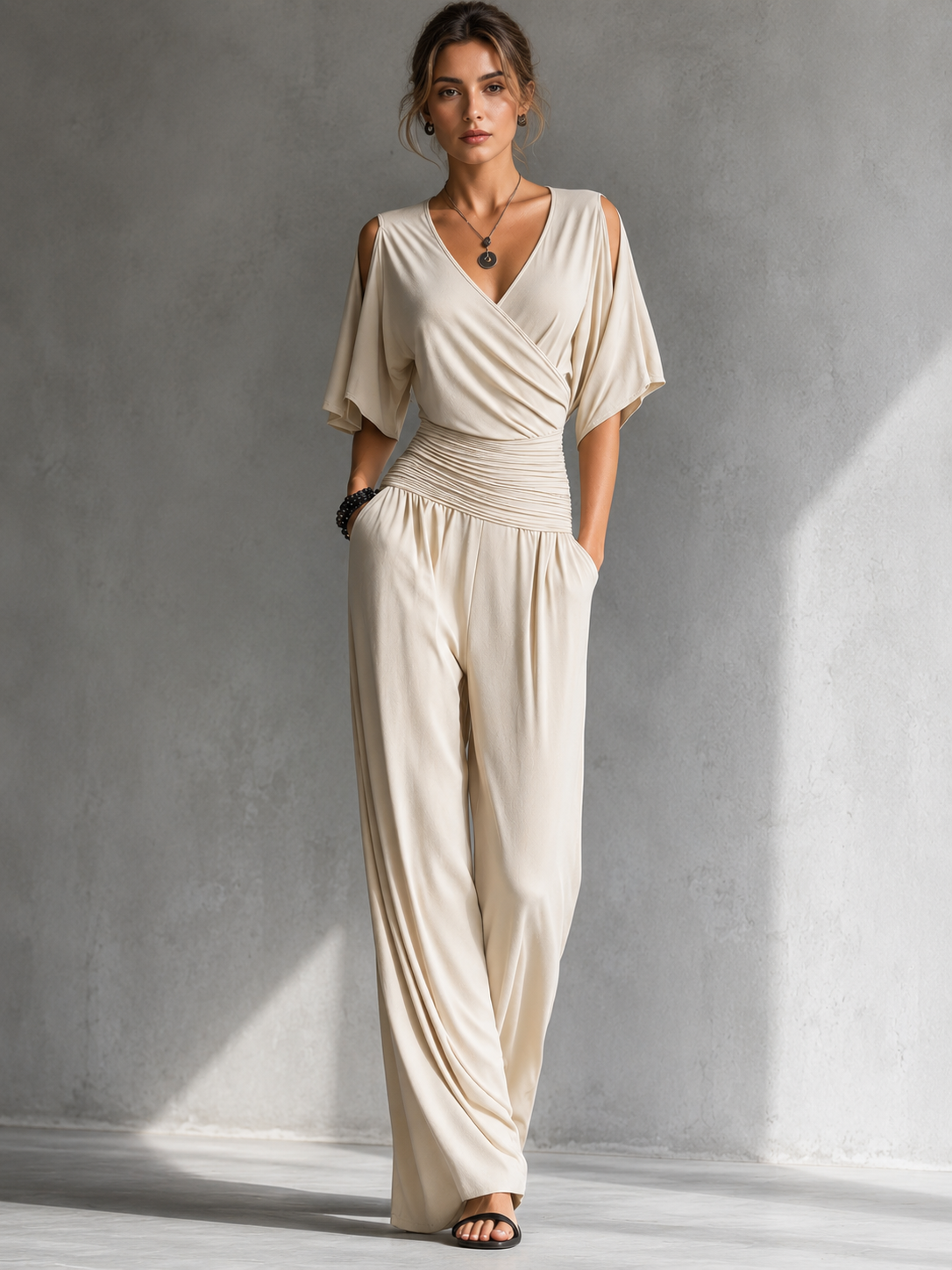 ZENI | ELEGANT WRAP WIDE-LEG JUMPSUIT