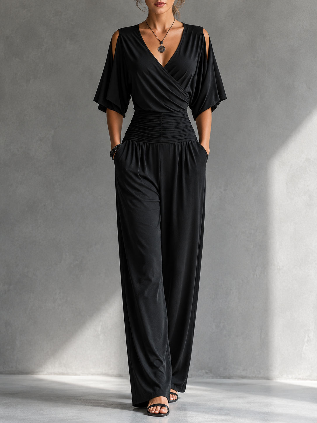 ZENI | ELEGANT WRAP WIDE-LEG JUMPSUIT