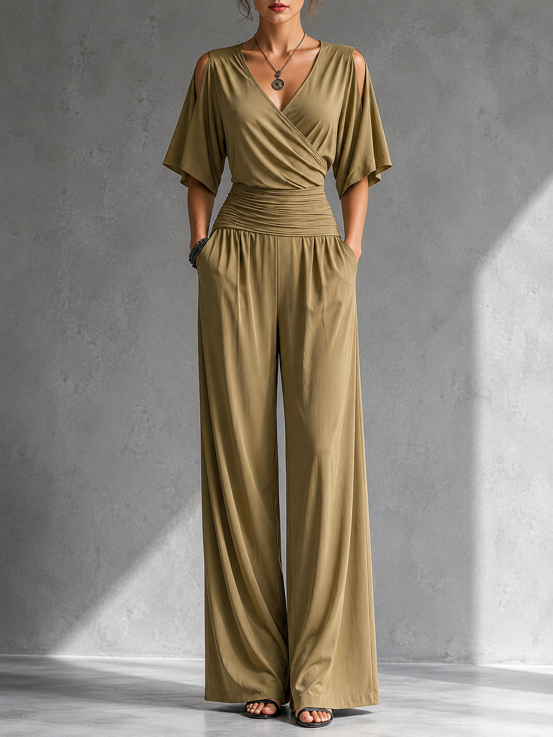 ZENI | ELEGANT WRAP WIDE-LEG JUMPSUIT