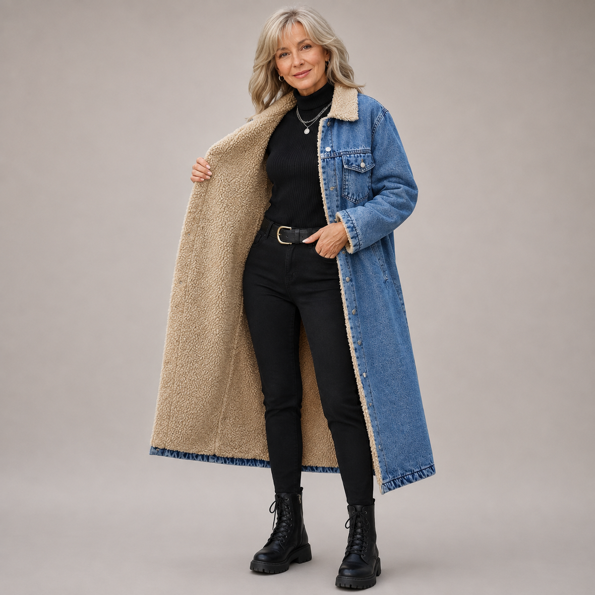 CLAIRE | LONGLINE SHERPA LINED DENIM COAT