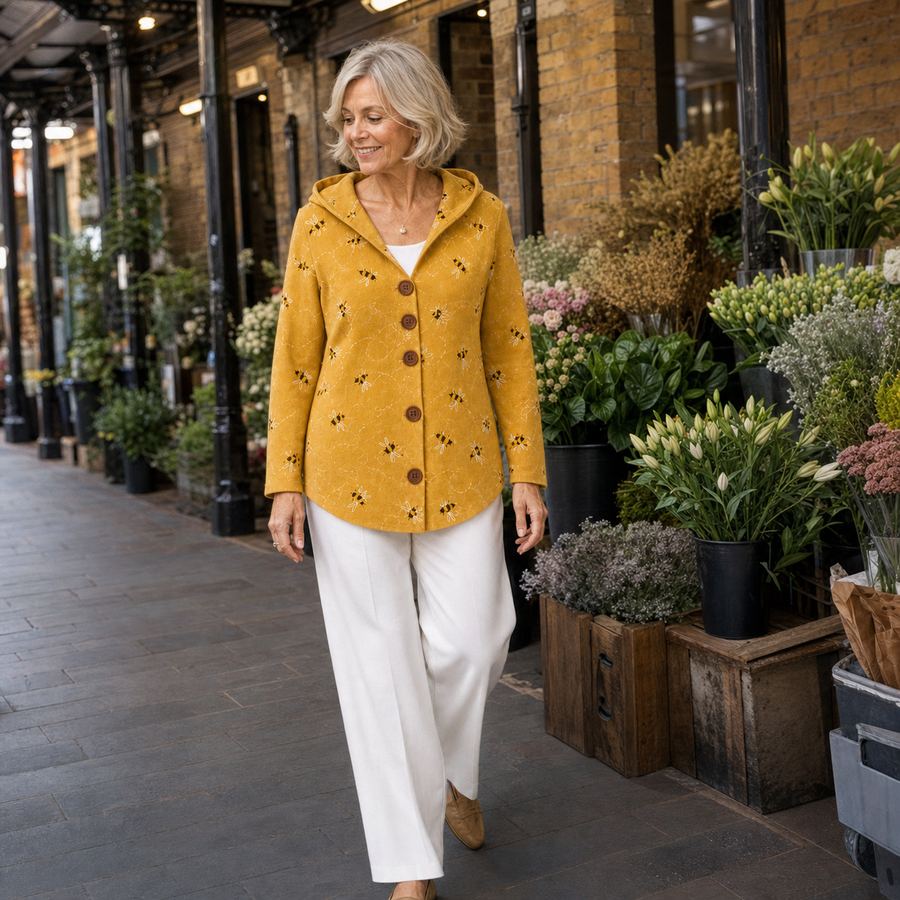 SUSAN | HONEYBEE PRINT HOODED KNIT CARDIGAN