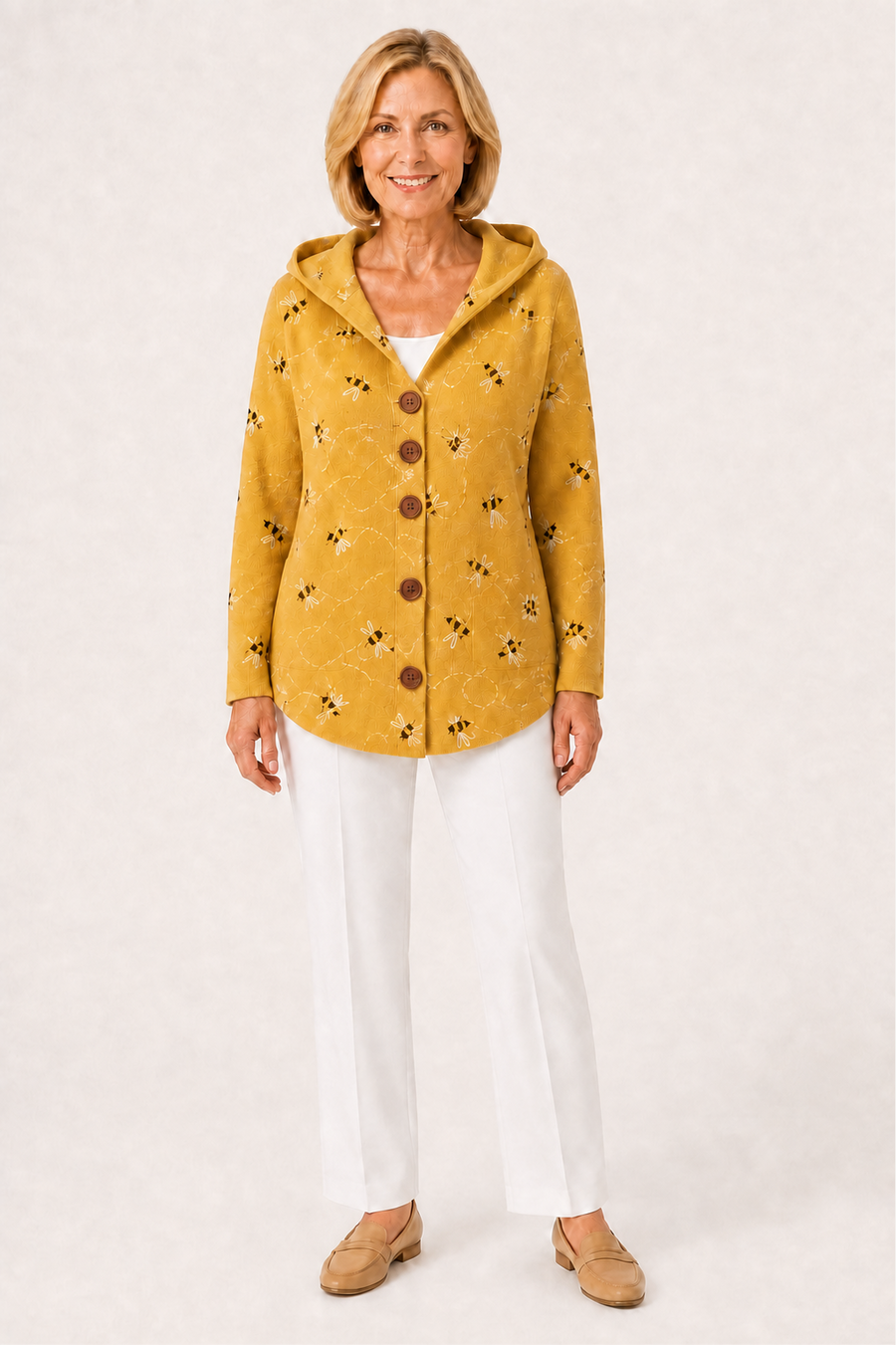 SUSAN | HONEYBEE PRINT HOODED KNIT CARDIGAN