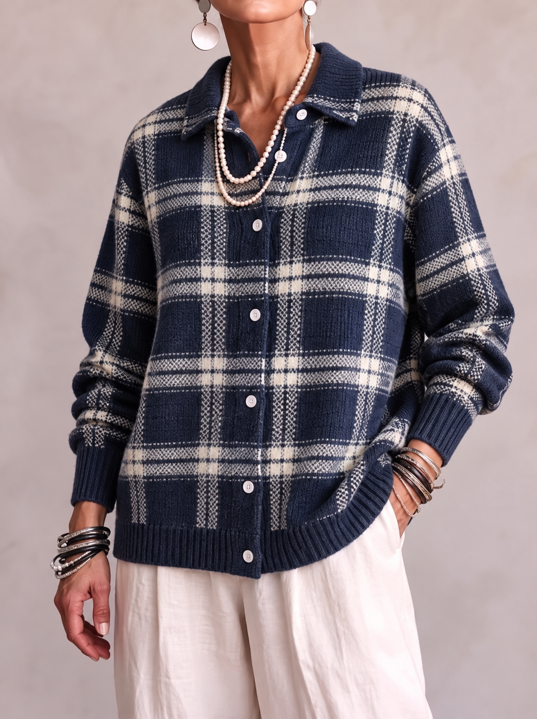 EVELYN | CHECKED BUTTON KNIT CARDIGAN