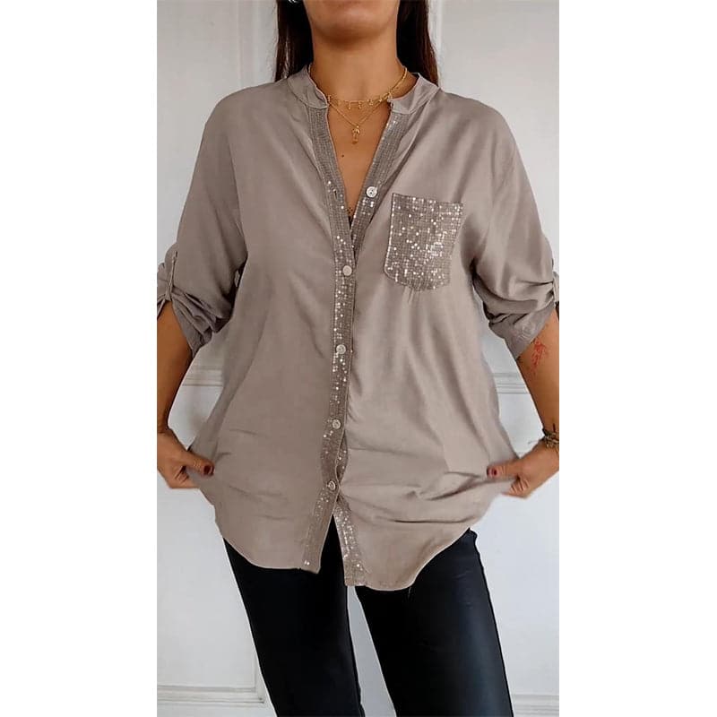 VERITY | SEQUIN TRIM BUTTON-UP SHIRT