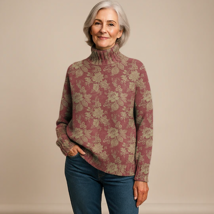 HARRIET | RETRO ROSE PRINT KNIT TURTLENECK SWEATER