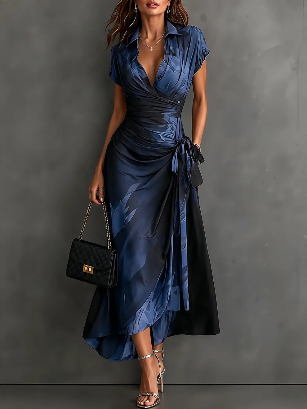 FRANCESCA | BROWN ABSTRACT PRINT MIDI WRAP DRESS