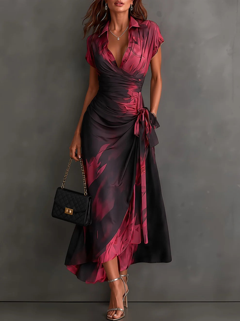 FRANCESCA | BROWN ABSTRACT PRINT MIDI WRAP DRESS