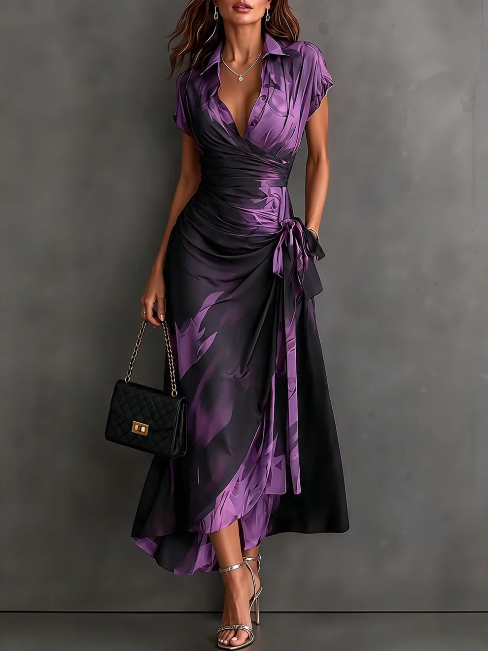 FRANCESCA | BROWN ABSTRACT PRINT MIDI WRAP DRESS