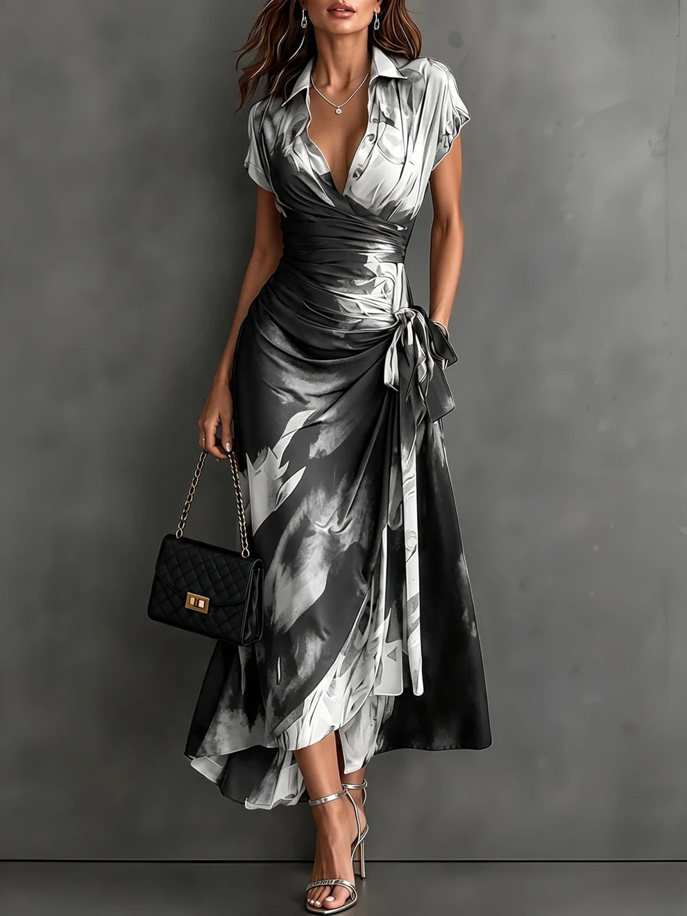 FRANCESCA | BROWN ABSTRACT PRINT MIDI WRAP DRESS