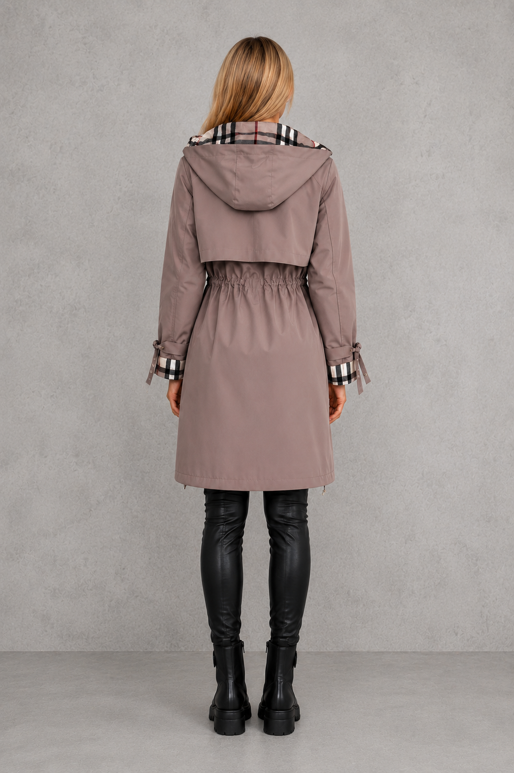 FLORENCE | SOPHISTICATED HOODED WATERPROOF JACKET WITH CHECK TRIM
