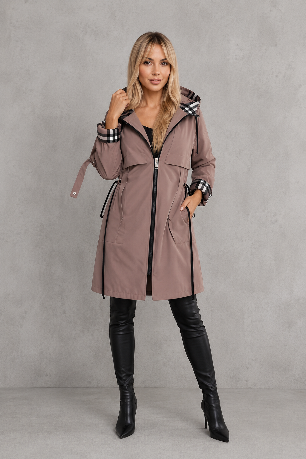 FLORENCE | SOPHISTICATED HOODED WATERPROOF JACKET WITH CHECK TRIM
