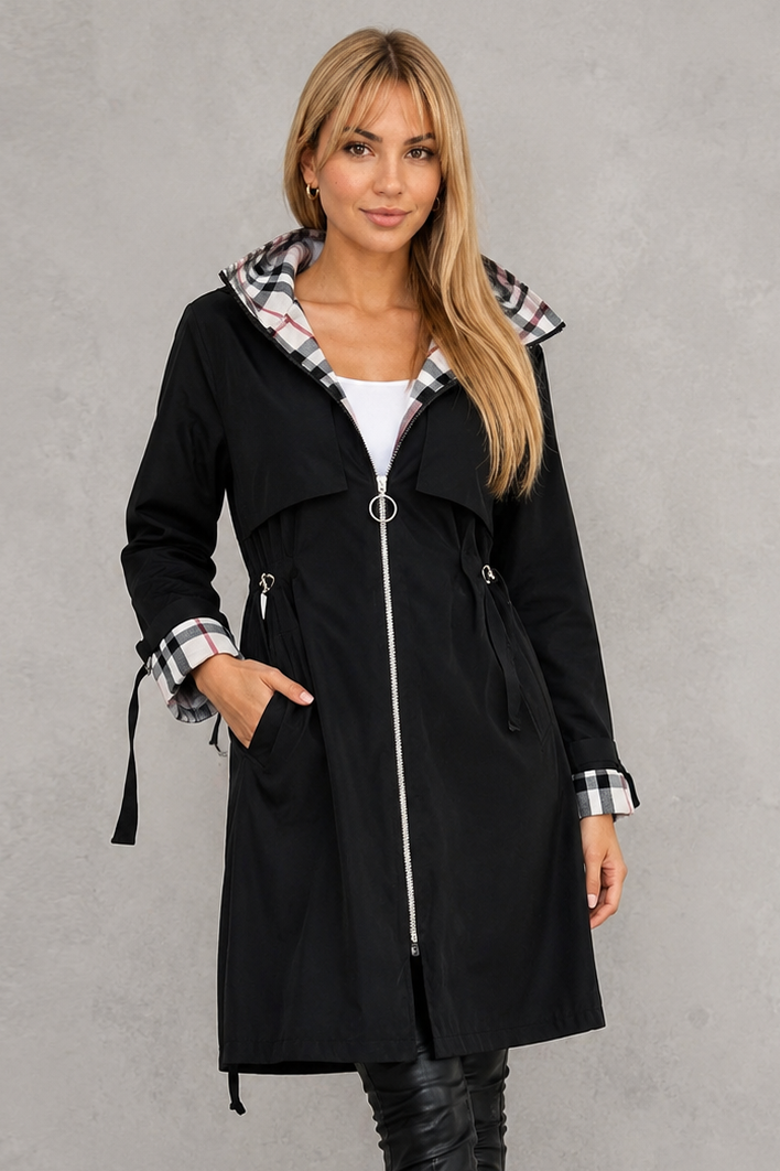 FLORENCE | SOPHISTICATED HOODED WATERPROOF JACKET WITH CHECK TRIM
