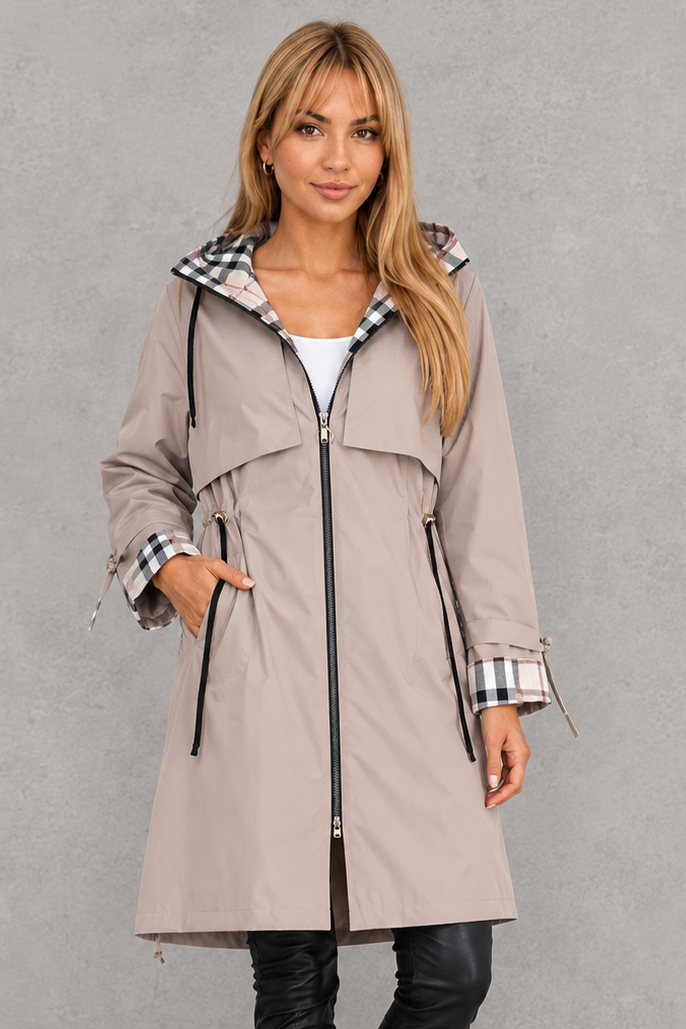 FLORENCE | SOPHISTICATED HOODED WATERPROOF JACKET WITH CHECK TRIM