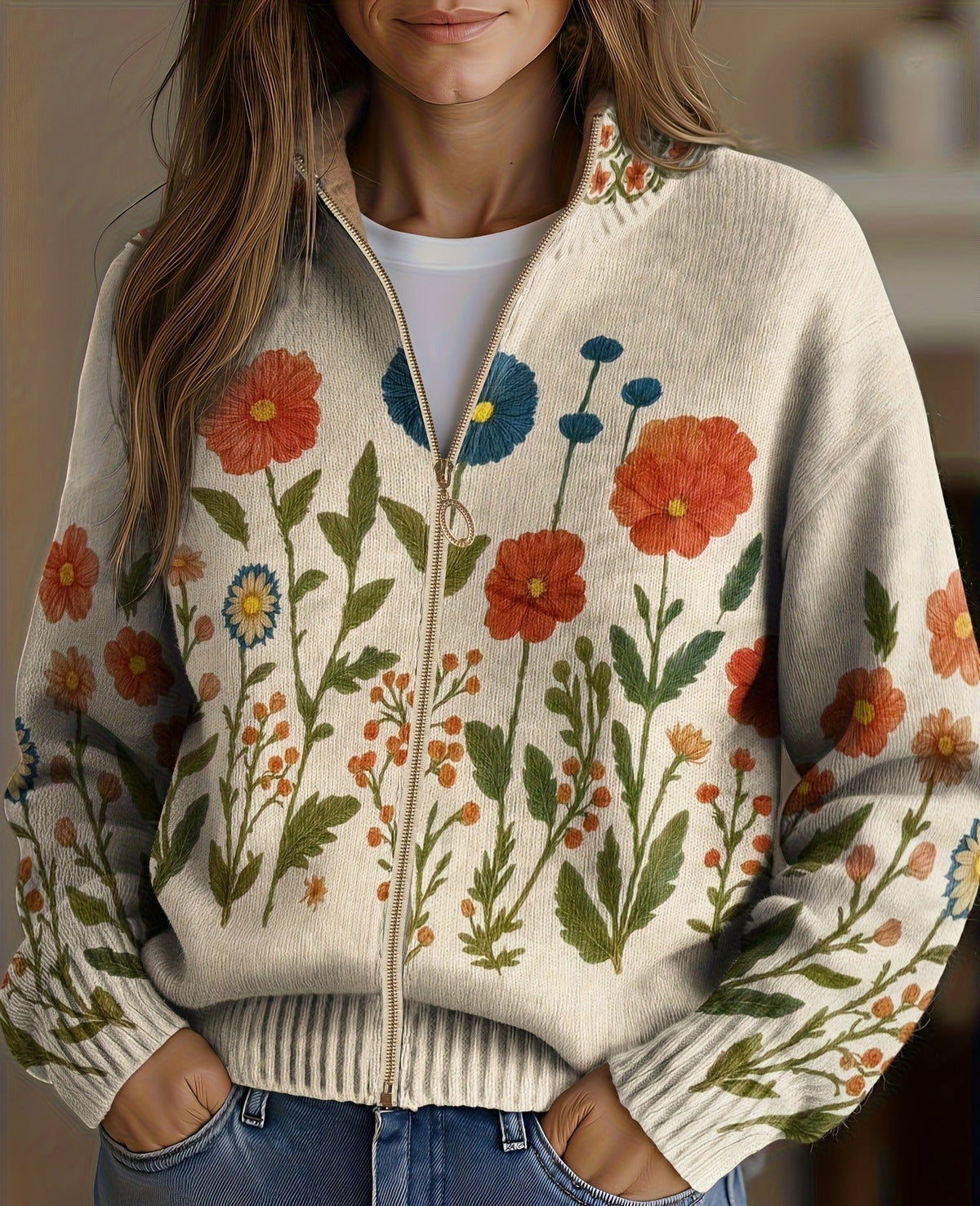FLORA | FLORAL ZIP-UP KNITTED CARDIGAN
